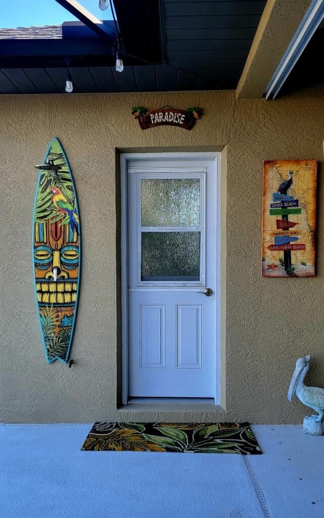 Outdoor shower surfboard, custom surfboard wall art signs, Tropical design, pool shower, surfboard wall decor, beach decor, tiki bar decor