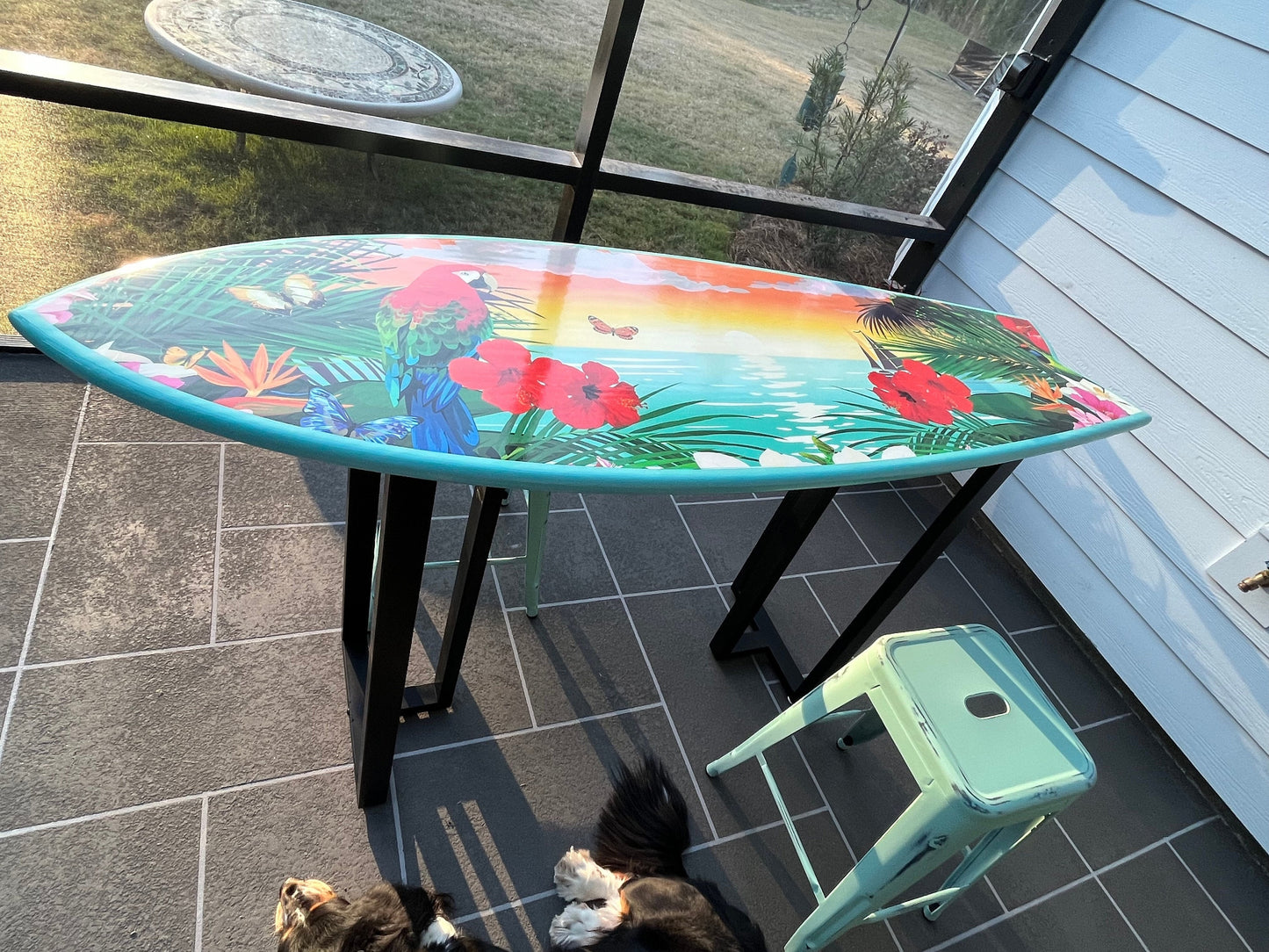 Surfboard Bar Top, table top, surf board Beach Decor, surf custom design gifts, coastal hawaiian tiki decor