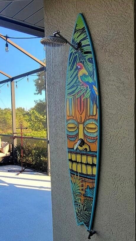 Outdoor shower surfboard, custom surfboard wall art signs, Tropical design, pool shower, surfboard wall decor, beach decor, tiki bar decor