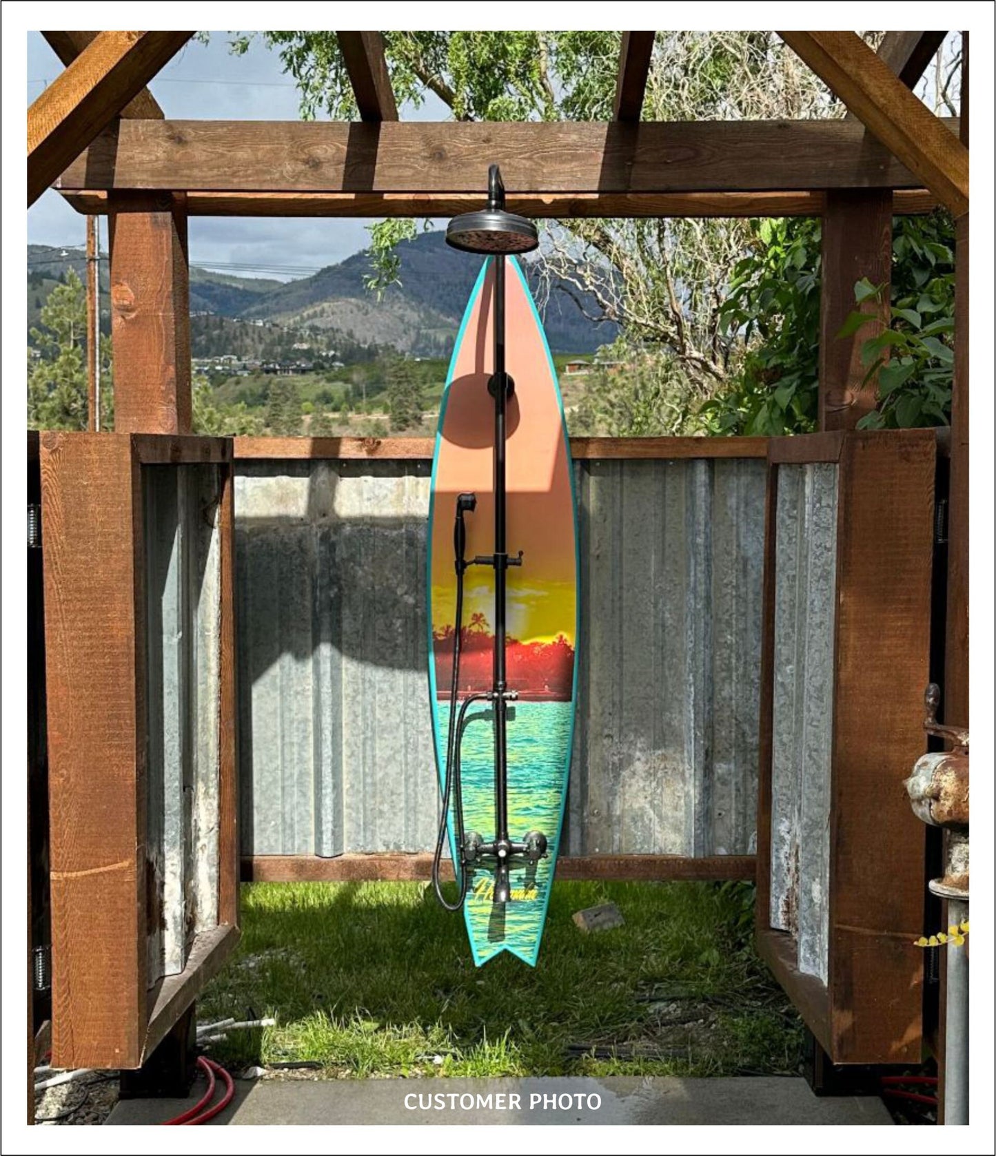Outdoor shower surfboard, custom surfboard wall art signs, Tropical design, pool shower, surfboard wall decor, beach decor, tiki bar decor